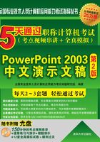 5天通过职称计算机考试（考点视频串讲＋全真模拟）：PowerPoint 2003中文演示文稿（第2版） (全国专业技术人员计算机应用能力考试指导丛书)在线阅读